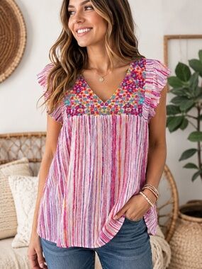 Savanna Jane Embroidered Boho Babydoll Top Flutter Sleeve Medium